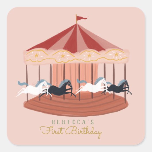 Roze Carrousel Birthday Gift Labels (Voorkant)