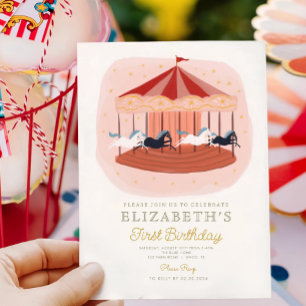 Roze Carrousel Carnaval Circus Eerste Verjaardag Kaart