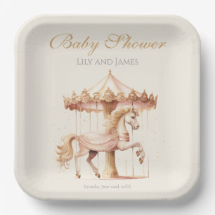  Roze Carrousel Paard Waterverf Baby shower Papieren Bordje