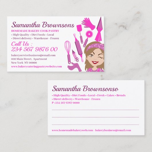 Roze Cartoon Baker Cake Pastry Cook Visitekaartje (Voorkant / Achterkant)