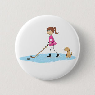 Roze Cartoon hockey meisje Ronde Button 5,7 Cm