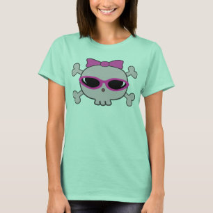 Roze Cartoon schedel en kruisgraten met zonnebril T-shirt
