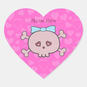 Roze Cartoon Schedel & Harten Gepersonaliseerd Hart Sticker