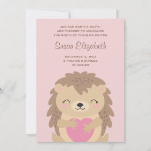 Roze Cartoon van Heart Cute Hedgel Birth Aankondiging