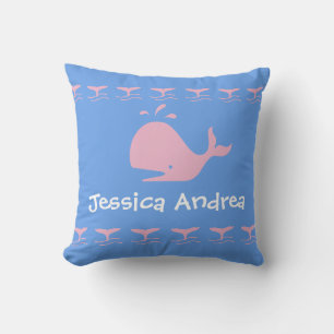 Roze CARTOON walvis / w/ blauw & wit, op maat gesn Kussen