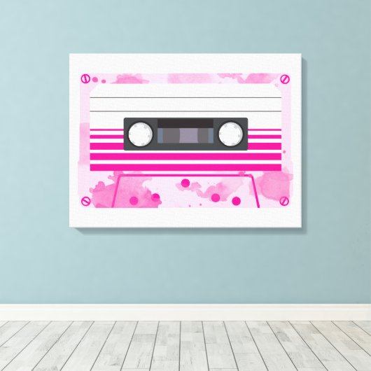 Roze Cassettebandje met Roze Waterverf Splashes Canvas Afdruk (Insitu (Houten vloer))