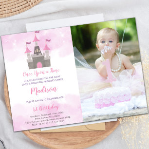Roze Castle Princess Birthday-uitnodigingen met fo Kaart