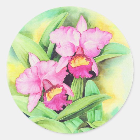 Roze Catleya Orchidee Bloem Kunst - Multi Ronde Sticker (Voorkant)