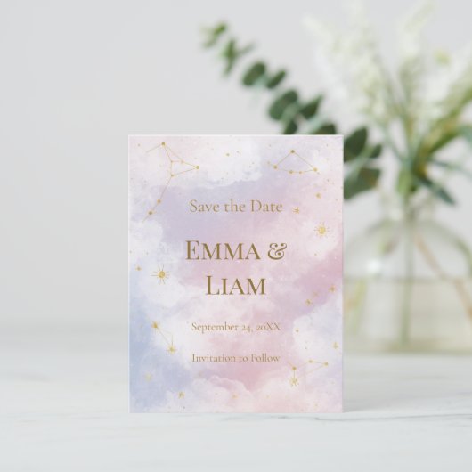 Roze Celestial Save the Date | Sterrenbeelden (Staand voorkant)