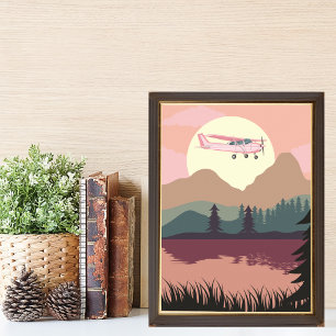 Roze Cessna-vliegtuig vliegend bij zonsondergang M Poster