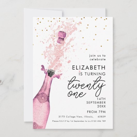 Roze Champagne 21ste verjaardag Uitnodiging (Voorkant)