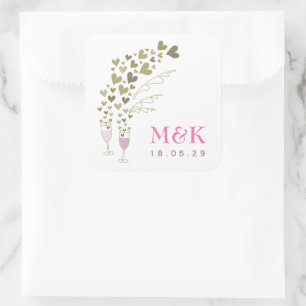 Roze champagne Cheers Floating Gold Hearts Wedding Vierkante Sticker