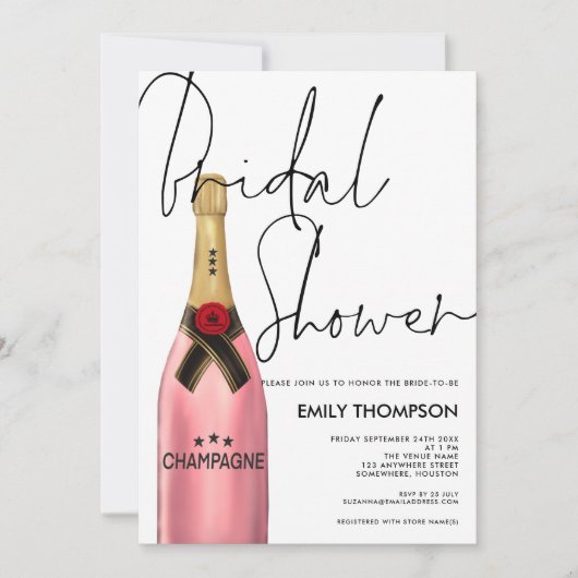 Roze Champagne Flessenscript Wit Vrijgezellenfeest Kaart (Voorkant)