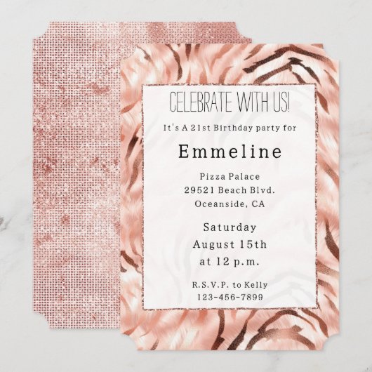 Roze Champagne Roos Glam Zebra Kaart (Voorkant / Achterkant)