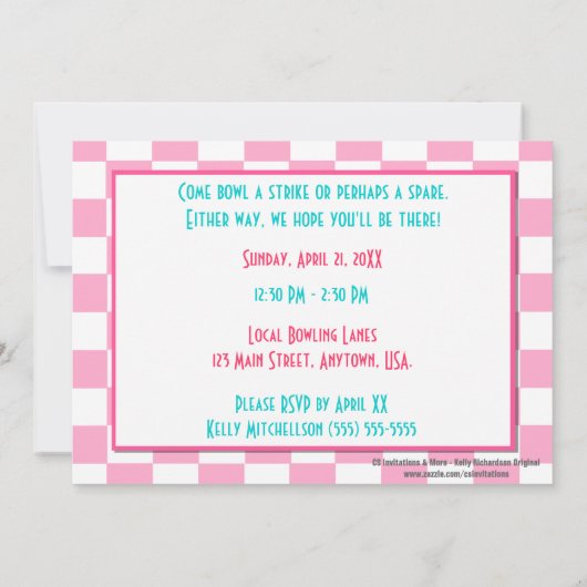 Roze checkbakkers en Bowl Bowling Birthday Party Kaart (Achterkant)