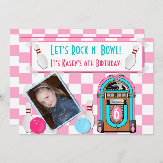 Roze checkbakkers en Bowl Bowling Birthday Party Kaart (Voorkant / Achterkant)