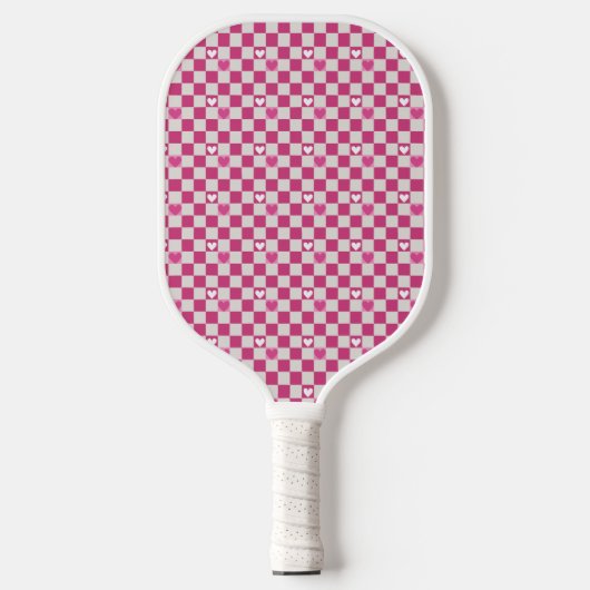 Roze Checkers & Harten Pickleball Paddle (Voorkant)