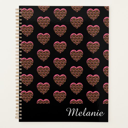Roze Cheetah Print Hearts Name Patroon Planner (Voorkant)