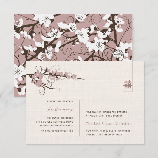 Roze Cherry Blossom Asian Wedding Reception Kaart (Voorkant / Achterkant)