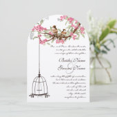 Roze Cherry Blossom  Birds Birdcage Wedding Kaart (Staand voorkant)