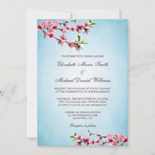 Roze Cherry Blossom  Blue Wedding Kaart
