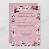 Roze Cherry Blossom Border Wedding Kaart (Voorkant / Achterkant)