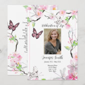 Roze Cherry Blossom & Butterfly Funeral Invite Kaart (Voorkant / Achterkant)