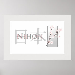 Roze Cherry Blossom en Text met Kanji: Nihon Poster
