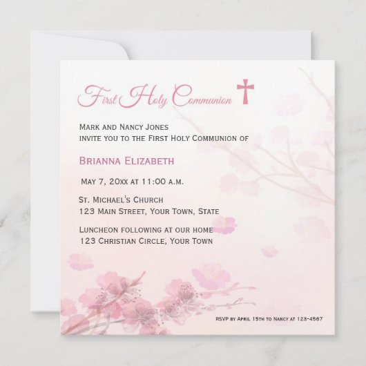 Roze Cherry Blossom First Communie Kaart (Voorkant)