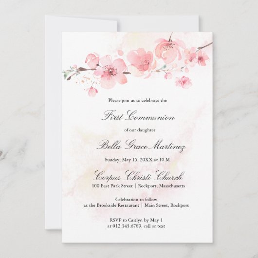 Roze Cherry Blossom First Heilige Communie Kaart (Voorkant)