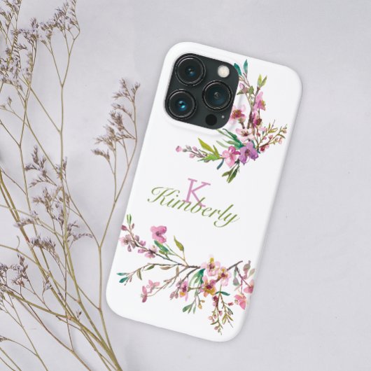 Roze Cherry Blossom Floral Monogram Naam Case-Mate iPhone Case