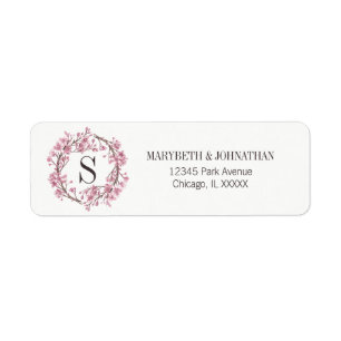 Roze Cherry Blossom Floral Monogram Weddenschap Etiket