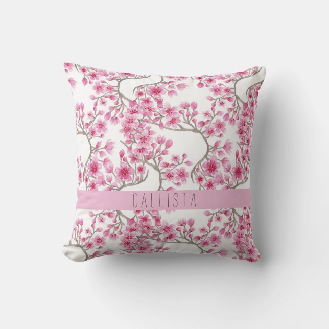 Roze Cherry Blossom Floral Waterverf Monogram Kussen (Voorkant)