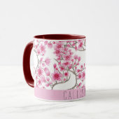Roze Cherry Blossom Floral Waterverf Monogram Mok (Voorkant links)