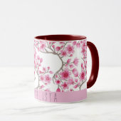 Roze Cherry Blossom Floral Waterverf Monogram Mok (Voorkant rechts)