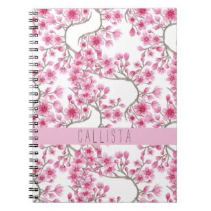 Roze Cherry Blossom Floral Waterverf Monogram Notitieboek