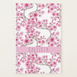 Roze Cherry Blossom Floral Waterverf Monogram Planner