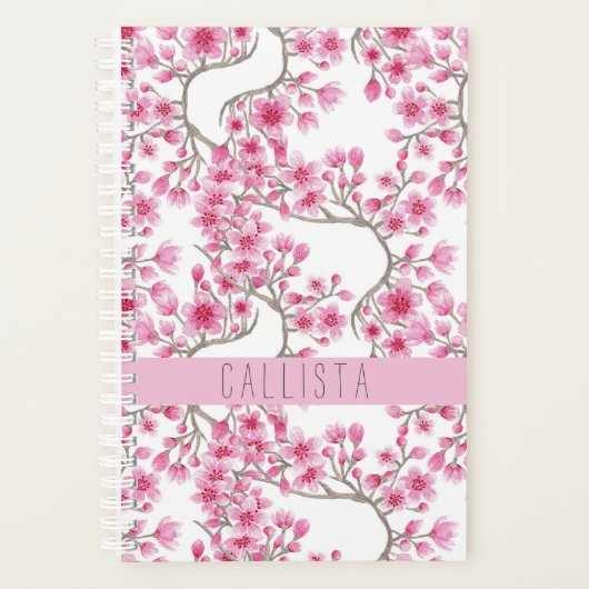 Roze Cherry Blossom Floral Waterverf Monogram Planner (Voorkant)