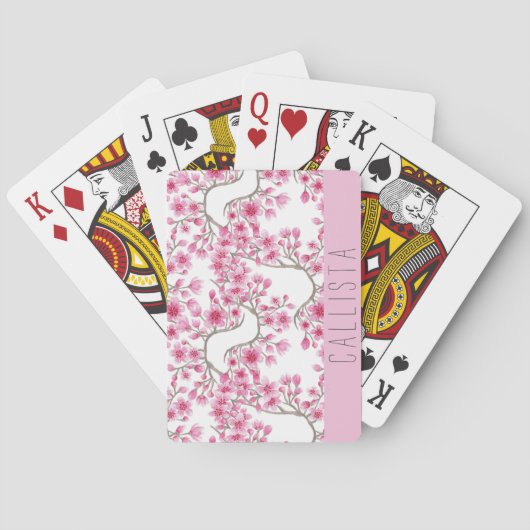 Roze Cherry Blossom Floral Waterverf Monogram Pokerkaarten (Achterkant)