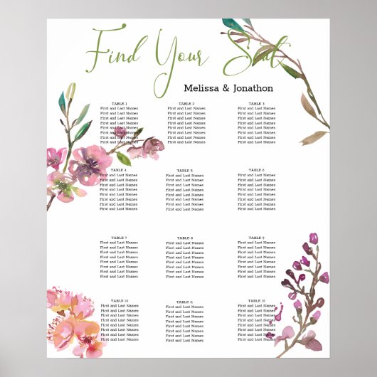 Roze Cherry Blossom Floral Wedding Seding Chart Poster (Voorkant)