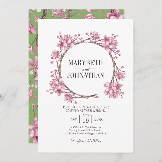 Roze Cherry Blossom Floral Wreath Wedding Kaart (Voorkant / Achterkant)