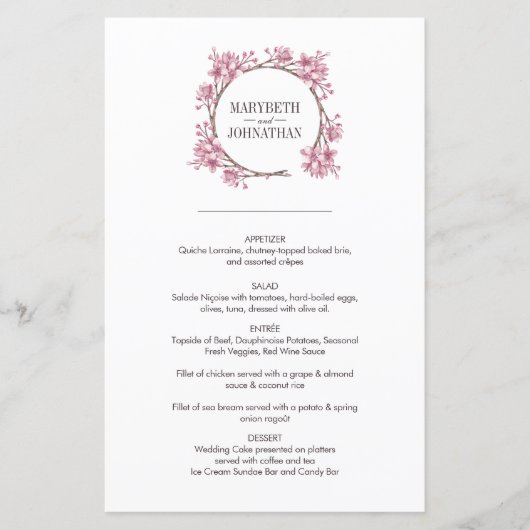 Roze Cherry Blossom Floral Wreath Wedding Menu (Voorkant)