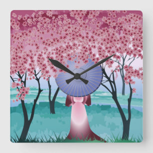 Roze Cherry Blossom Flowers Girl met paraplu Vierkante Klok
