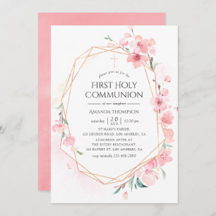 Roze Cherry Blossom Geometric Heilige Communie Kaart