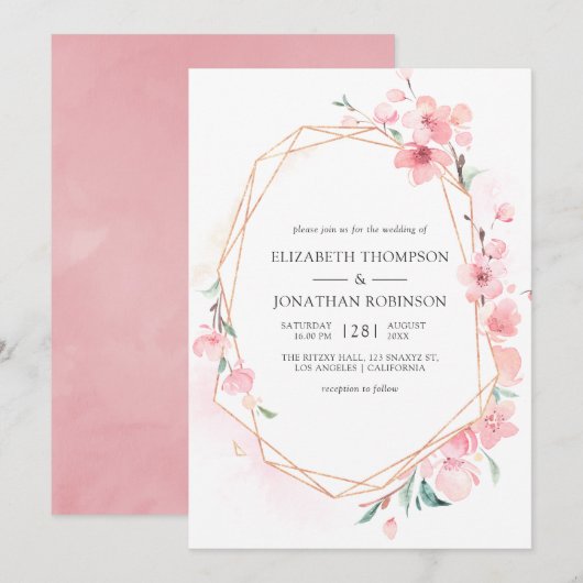 Roze Cherry Blossom Geometric Spring Wedding Kaart (Voorkant / Achterkant)