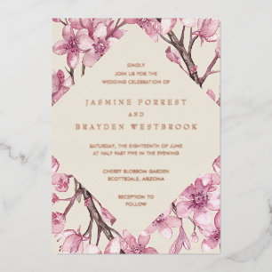 Roze Cherry Blossom Geometric Wedding Roos Gold Folie Uitnodiging