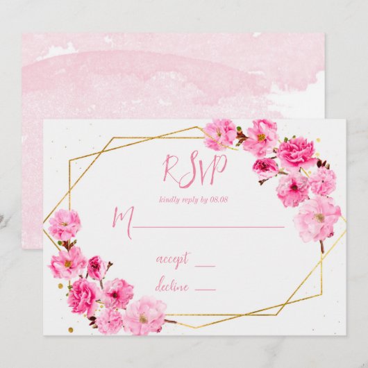 Roze Cherry Blossom Geometric Wedding RSVP-kaarten Kaart (Voorkant / Achterkant)