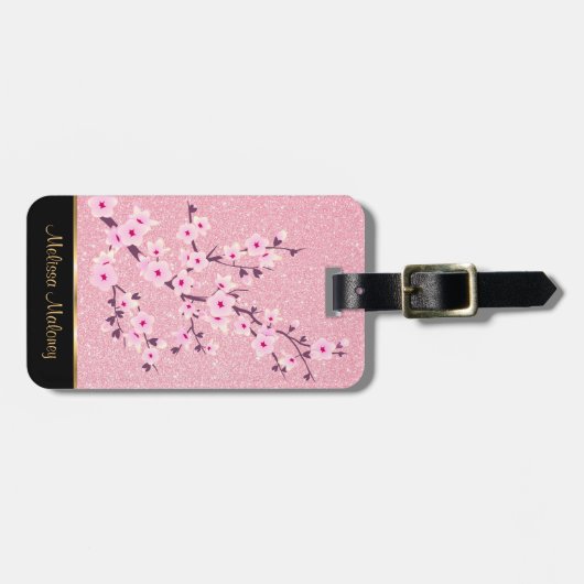Roze Cherry Blossom Glitter Bagagelabel (Voorkant horizontaal)