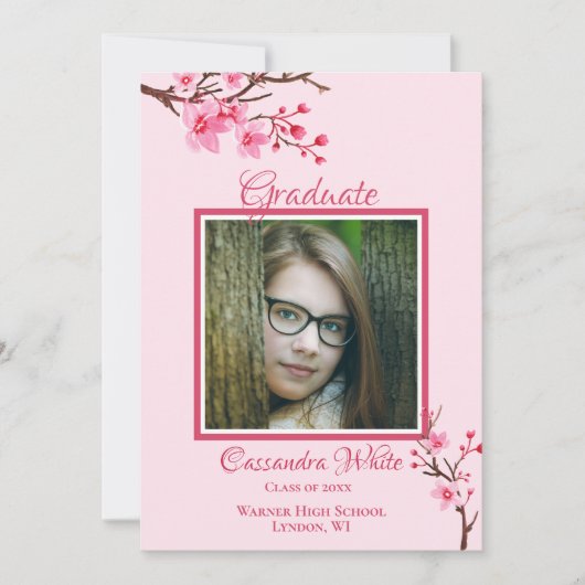 Roze Cherry Blossom Graduation Party Invitation Aankondiging (Voorkant)