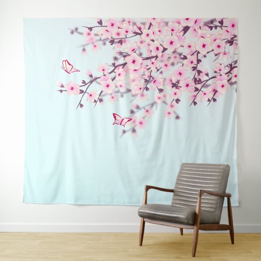 Roze Cherry Blossom Illustratief landschap Wandkleed (In Situ (horizontaal))